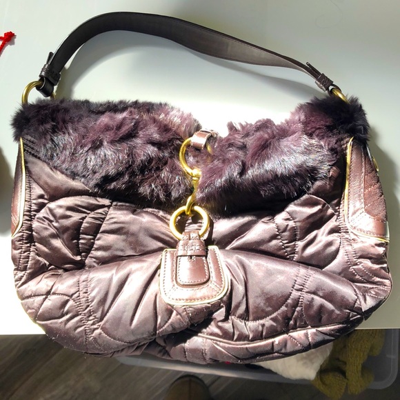 Coach Handbags - Vintage,CoachSignature,Rabbit,FurTrimmed Quilt satin shoulder bag.